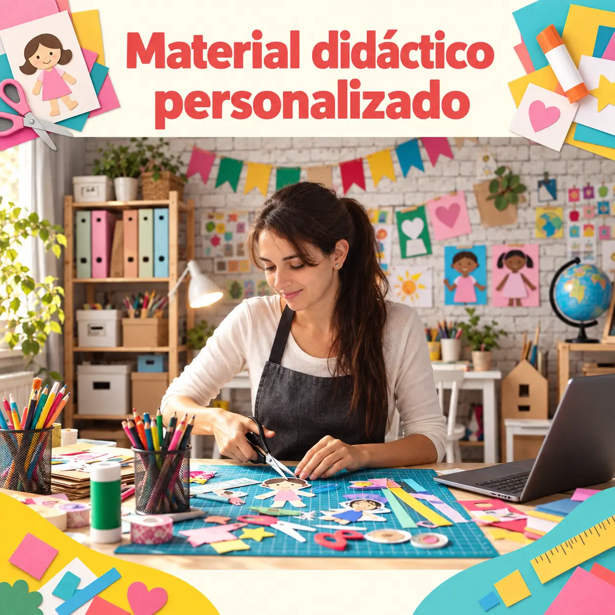 Material didáctico personalizado. Escena docente con Lidia y marco temático.