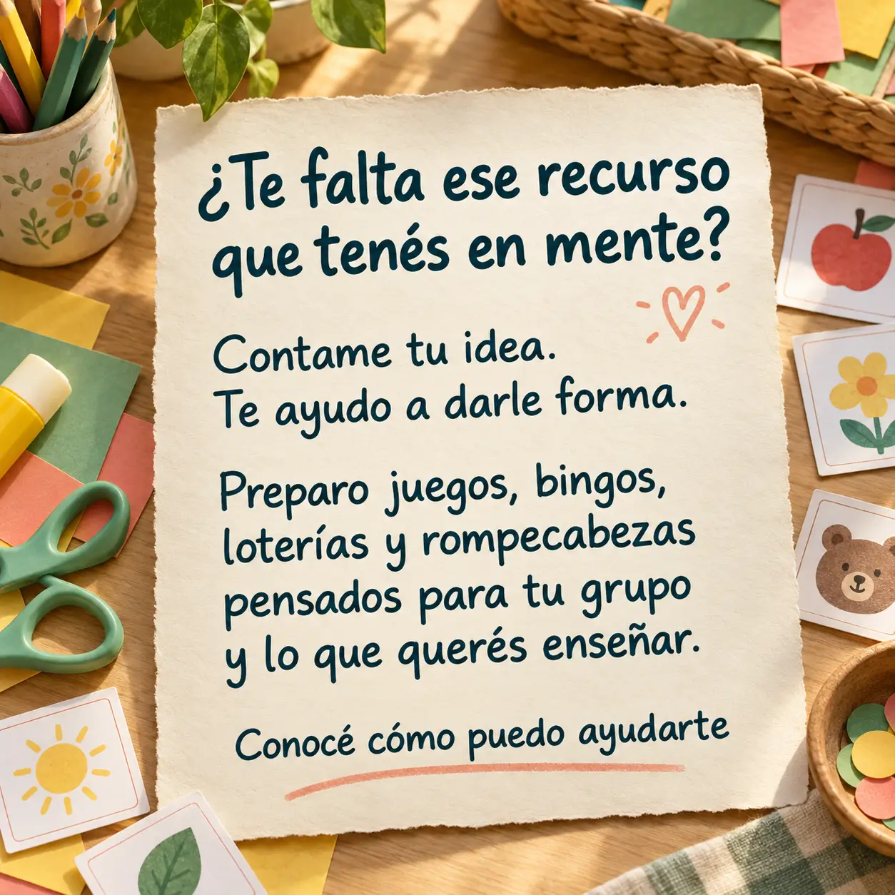 Material didáctico personalizado. Información del servicio docente y acompañamiento para el jardín.