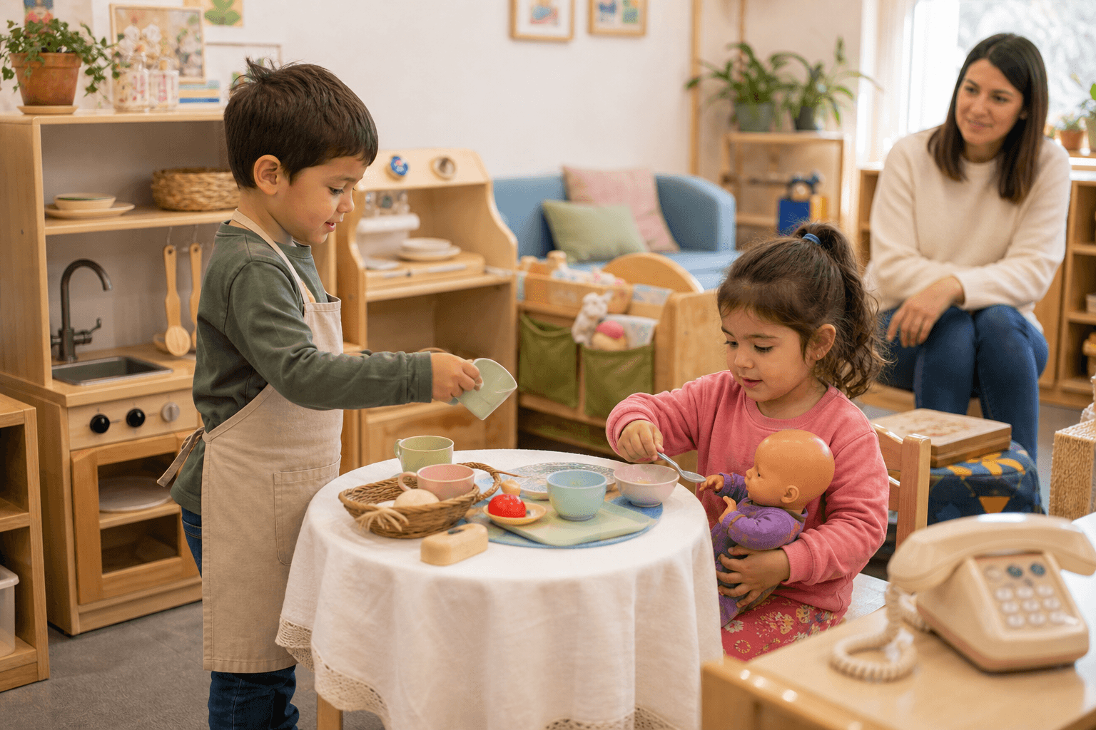 Escenario de casa o familia en una sala de Nivel Inicial con niños y una adulta acompañando