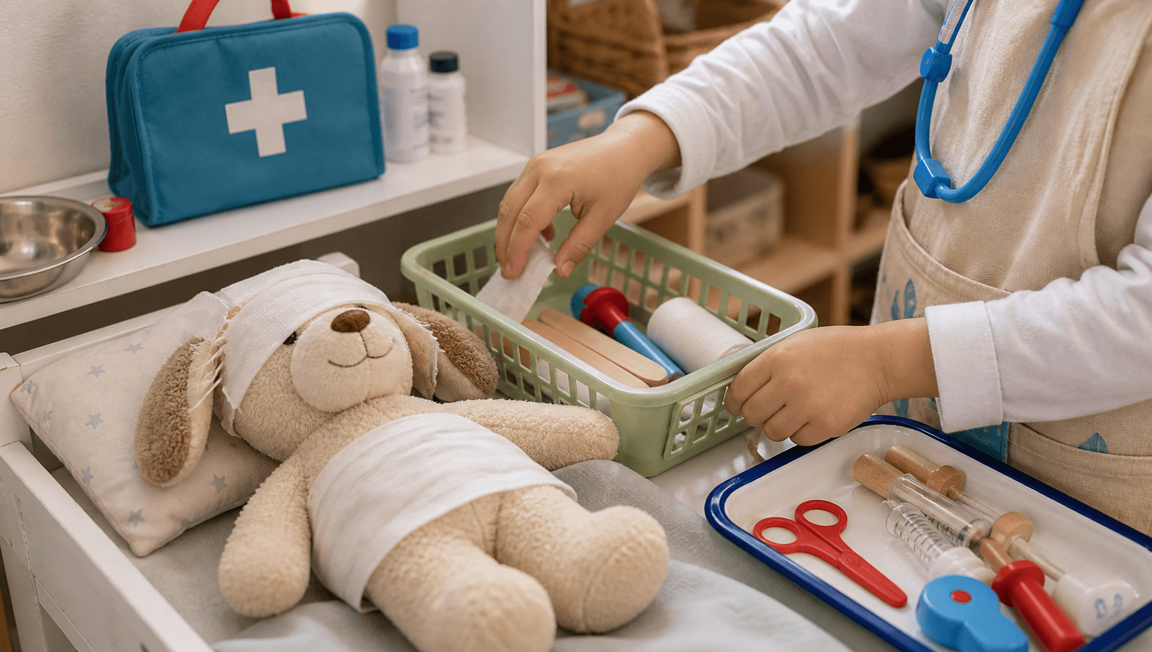 Escenario de hospital o consultorio con materiales de juego simbólico en una sala de Nivel Inicial