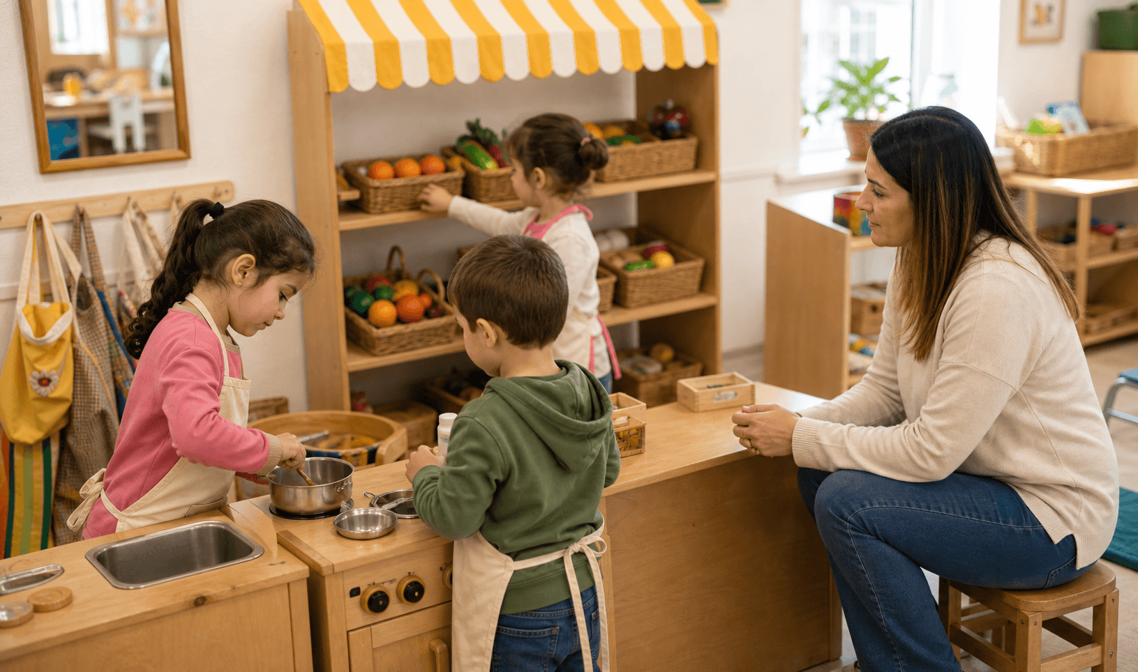 Niños y niñas jugando una escena dramática de tienda o cocina en Nivel Inicial con docente observando