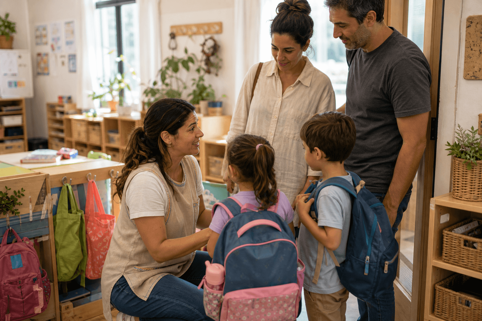 Docente recibiendo a una familia y a niños pequeños en la puerta del aula durante el período de adaptación