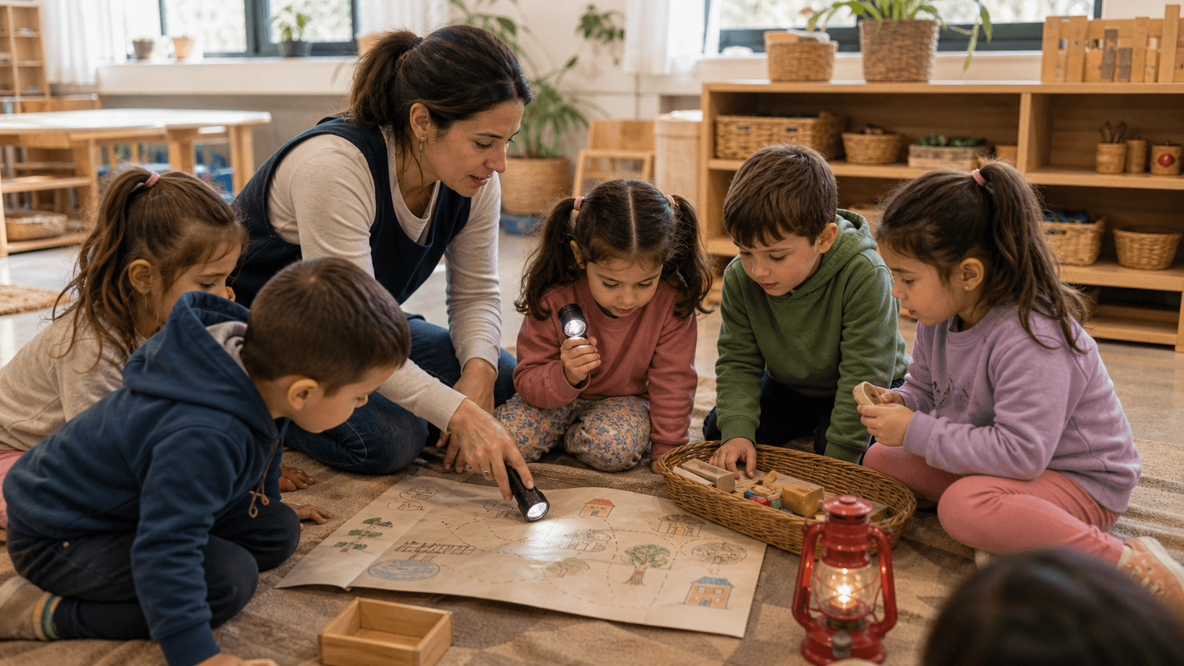 Niños y niñas pintando una pared de la sala junto a la docente para reconocer y habitar el espacio nuevo