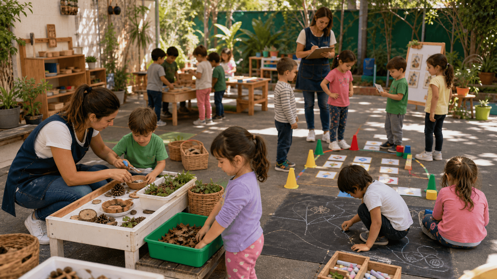 Niños y niñas jugando a vender y comprar en un mercado del jardín de infantes
