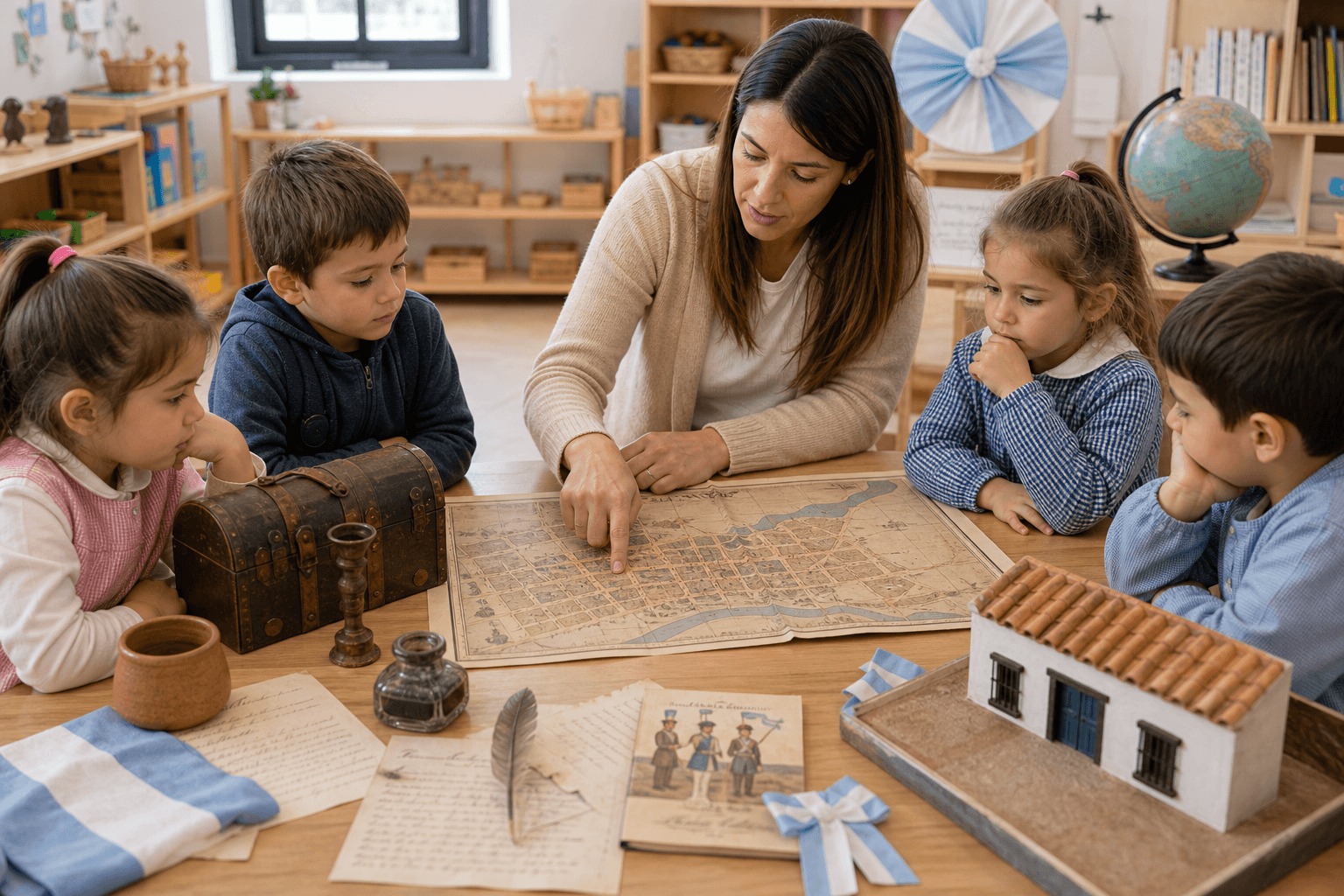 Docente y grupo explorando un mapa histórico y objetos de época colonial en Nivel Inicial