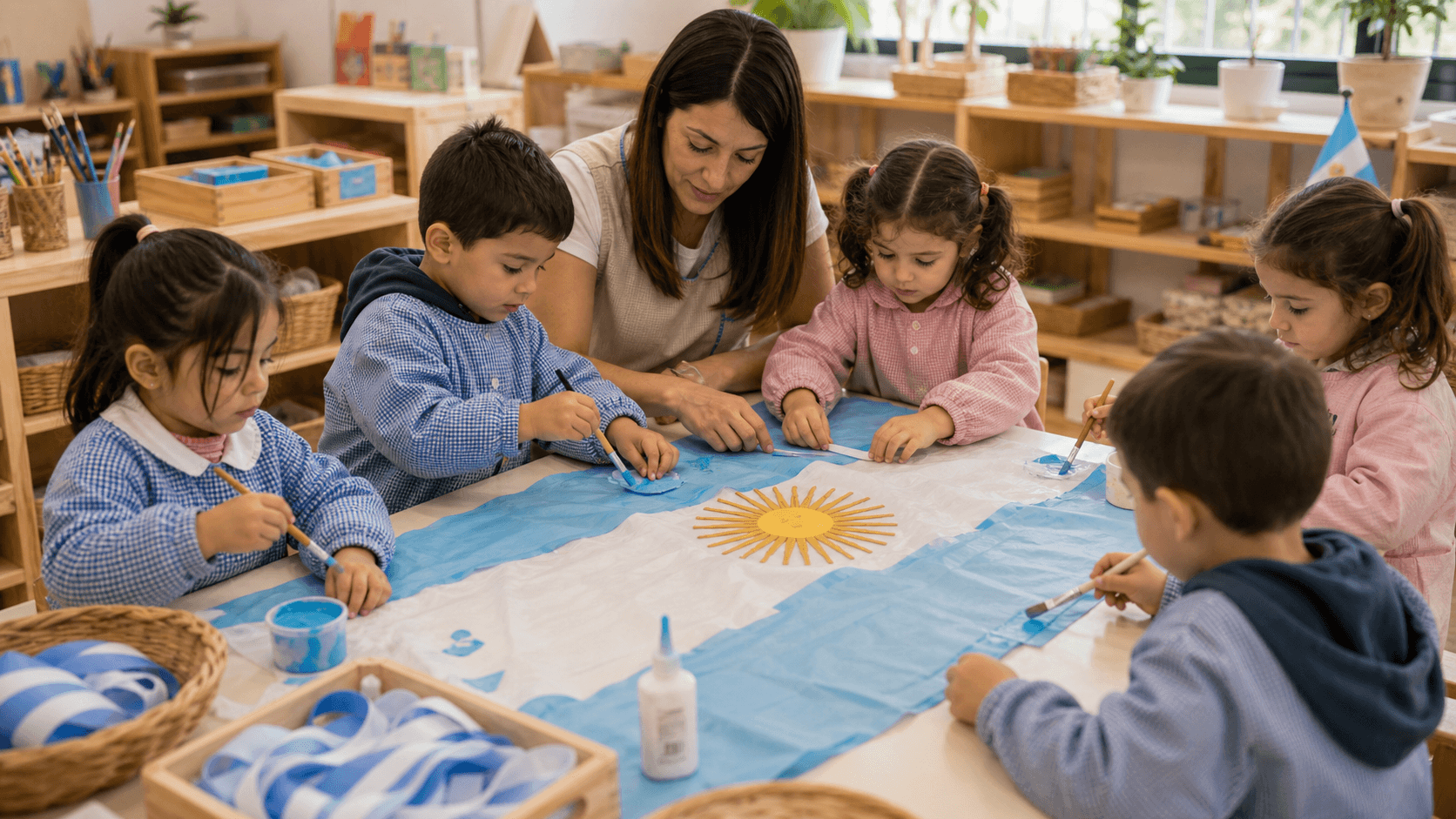 Niños y niñas pintando una bandera argentina grande en el jardín