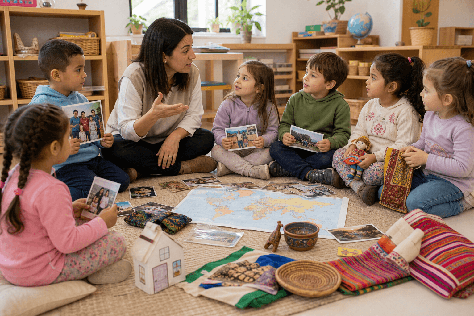 Grupo de niños y niñas explorando fotos familiares y un mapa del mundo en Nivel Inicial