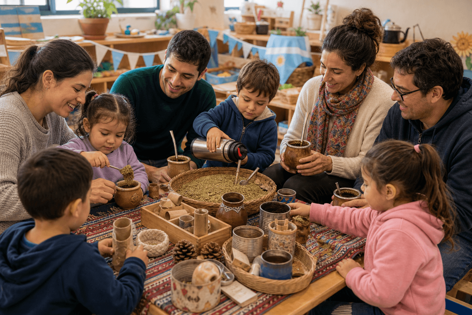 Familias y niños y niñas compartiendo una propuesta de tradición con mate y objetos cotidianos
