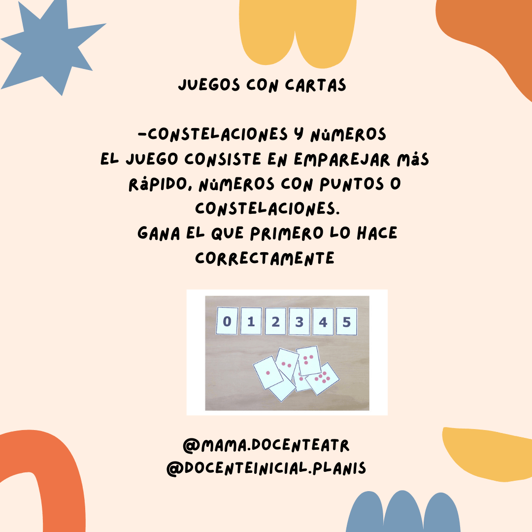 Juego con cartas de números y constelaciones para recorrer y comparar cantidades