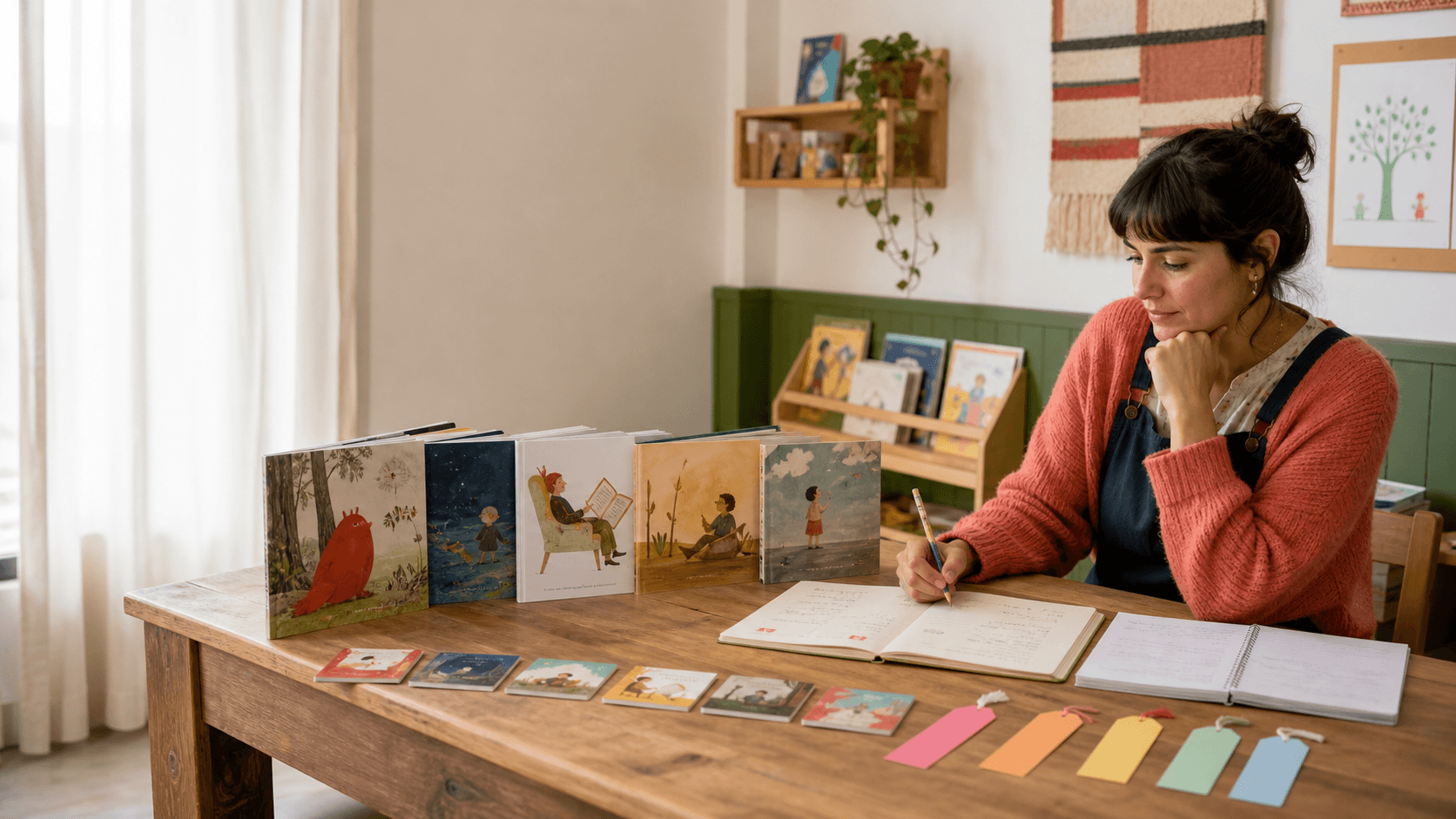 Docente planificando un itinerario literario con libros infantiles en Nivel Inicial
