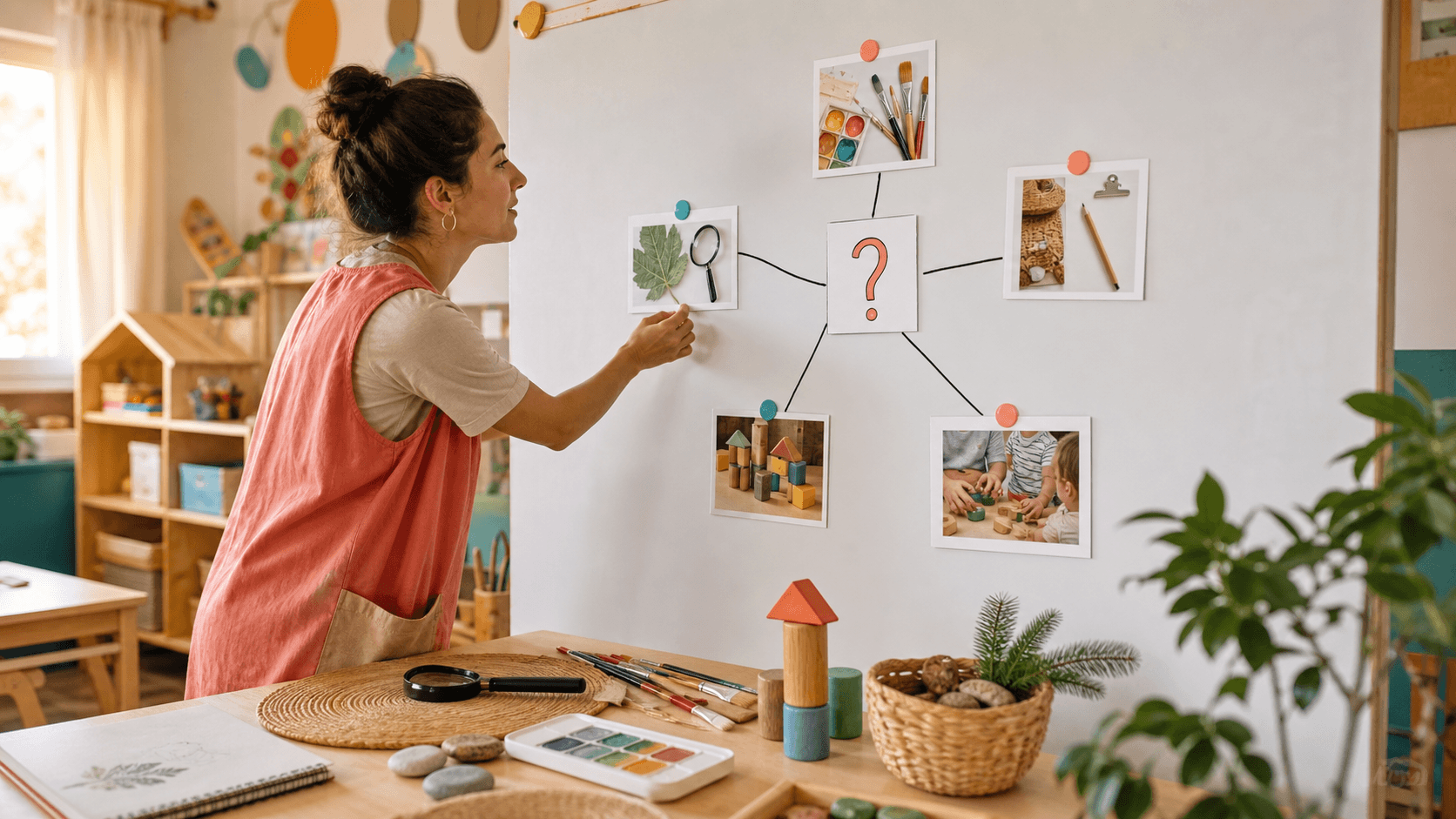 Docente planificando un proyecto interdisciplinario en una sala de Nivel Inicial