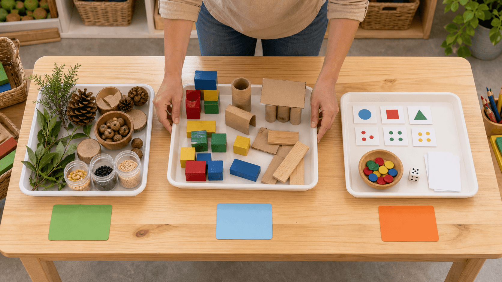 Bandejas con materiales diferenciados para actividades de sala de 3, 4 y 5 años
