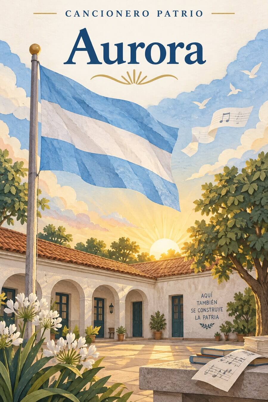 Bandera argentina al amanecer en un patio escolar: ilustración de Aurora.