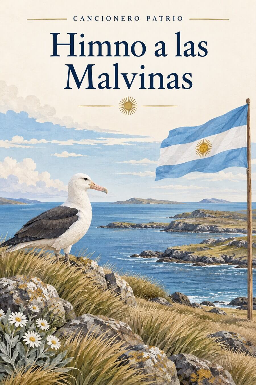 Costa del Atlántico Sur, albatros y bandera argentina: ilustración de memoria y paz para el Himno a las Malvinas.