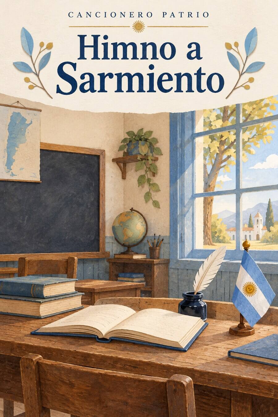 Aula histórica con libros, pluma y bandera argentina: ilustración del Himno a Sarmiento.