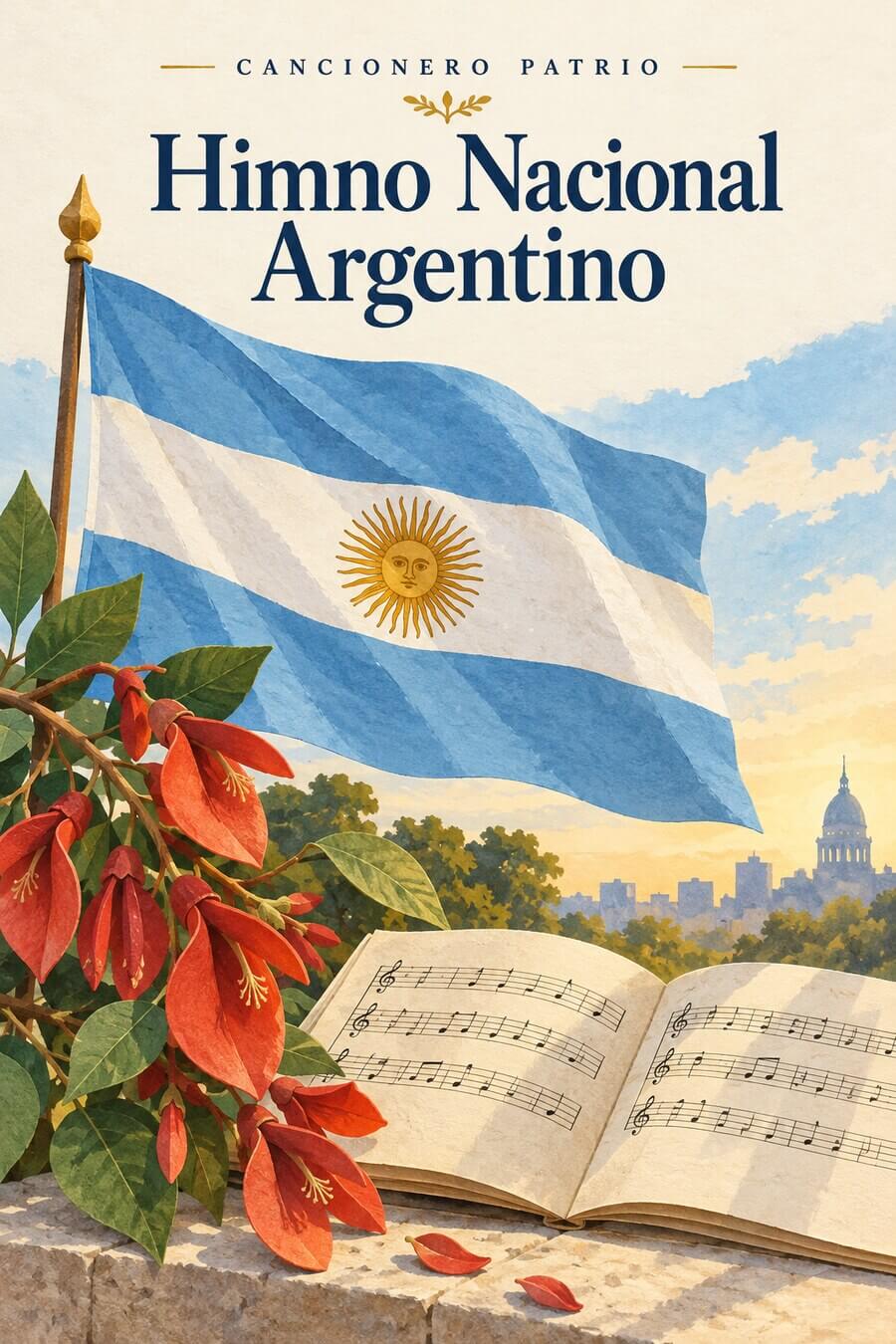 Bandera argentina, partitura y flores de ceibo: ilustración del Himno Nacional Argentino.