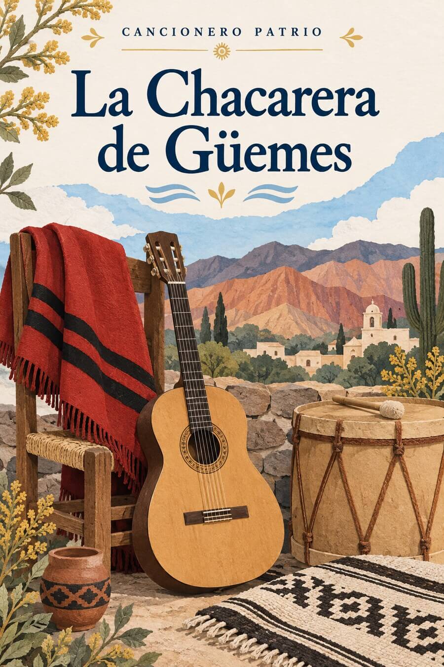Poncho salteño, guitarra y bombo legüero: ilustración de La Chacarera de Güemes.