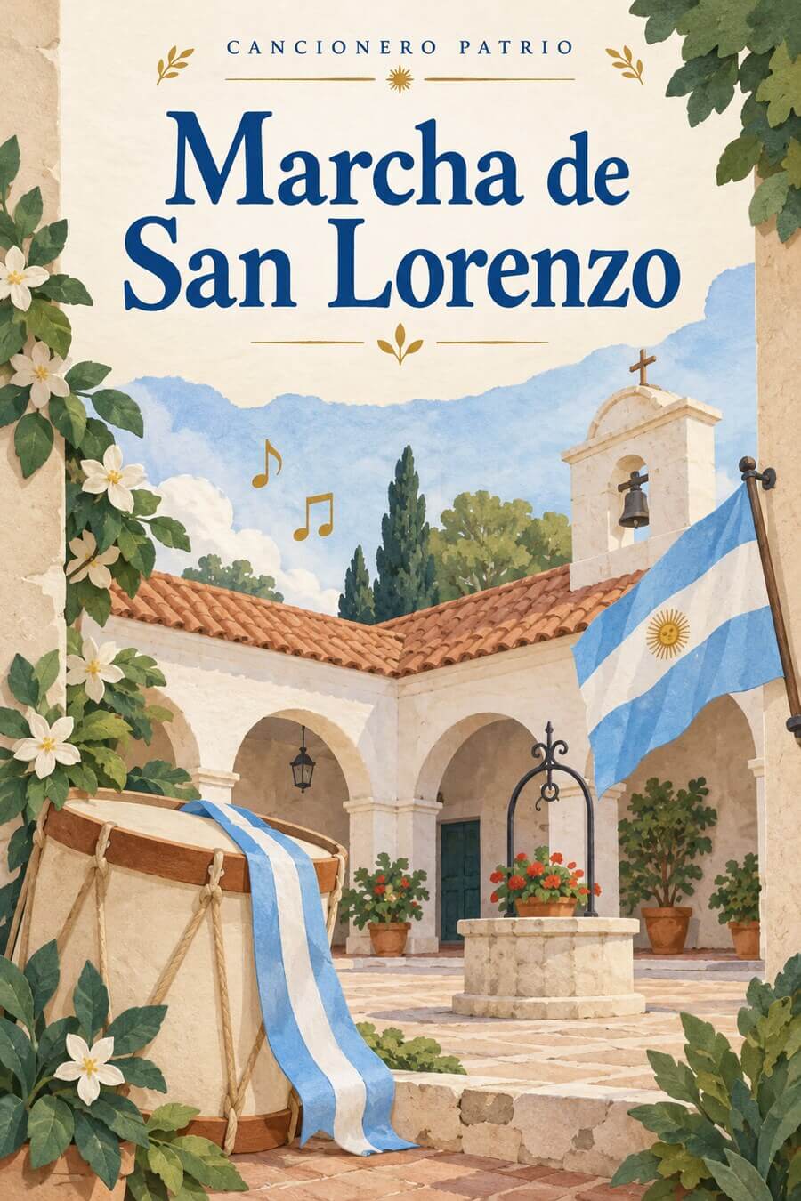 Convento, bandera y tambor ceremonial: ilustración conmemorativa de la Marcha de San Lorenzo.