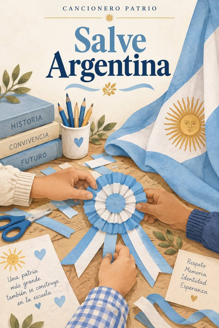 Escarapela y cintas celestes y blancas en una mesa escolar: ilustración de Salve Argentina.