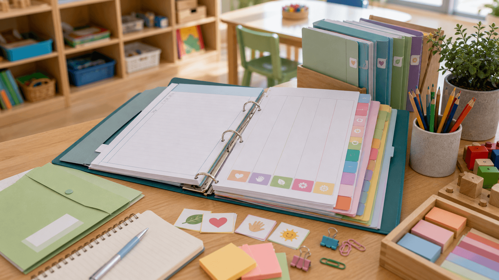 Carpeta didáctica docente para Nivel Inicial organizada con separadores y registros