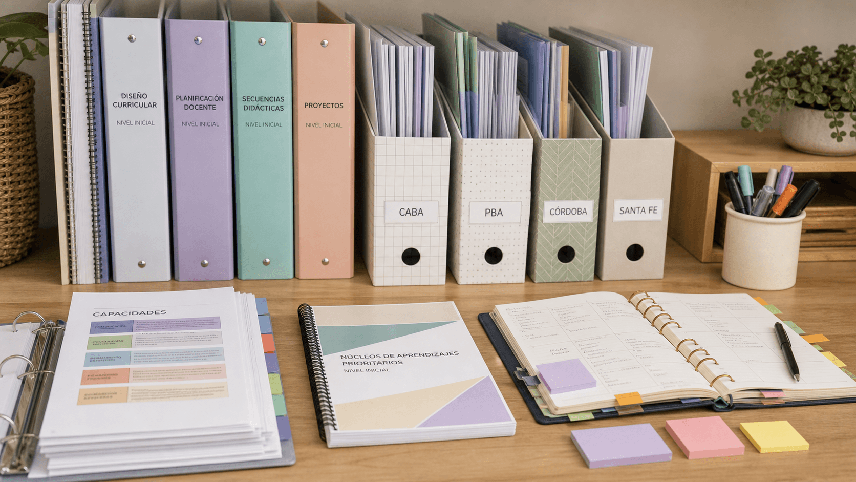 Docente revisando diseños curriculares de CABA y Provincia para planificar en Nivel Inicial