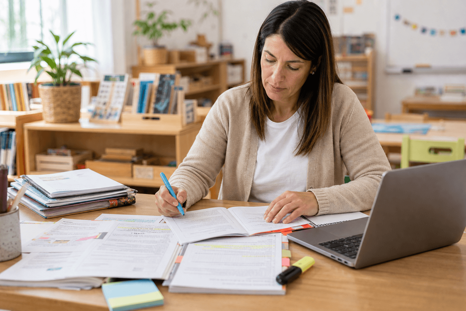 Docente escribiendo y marcando un diseño curricular mientras planifica en Nivel Inicial