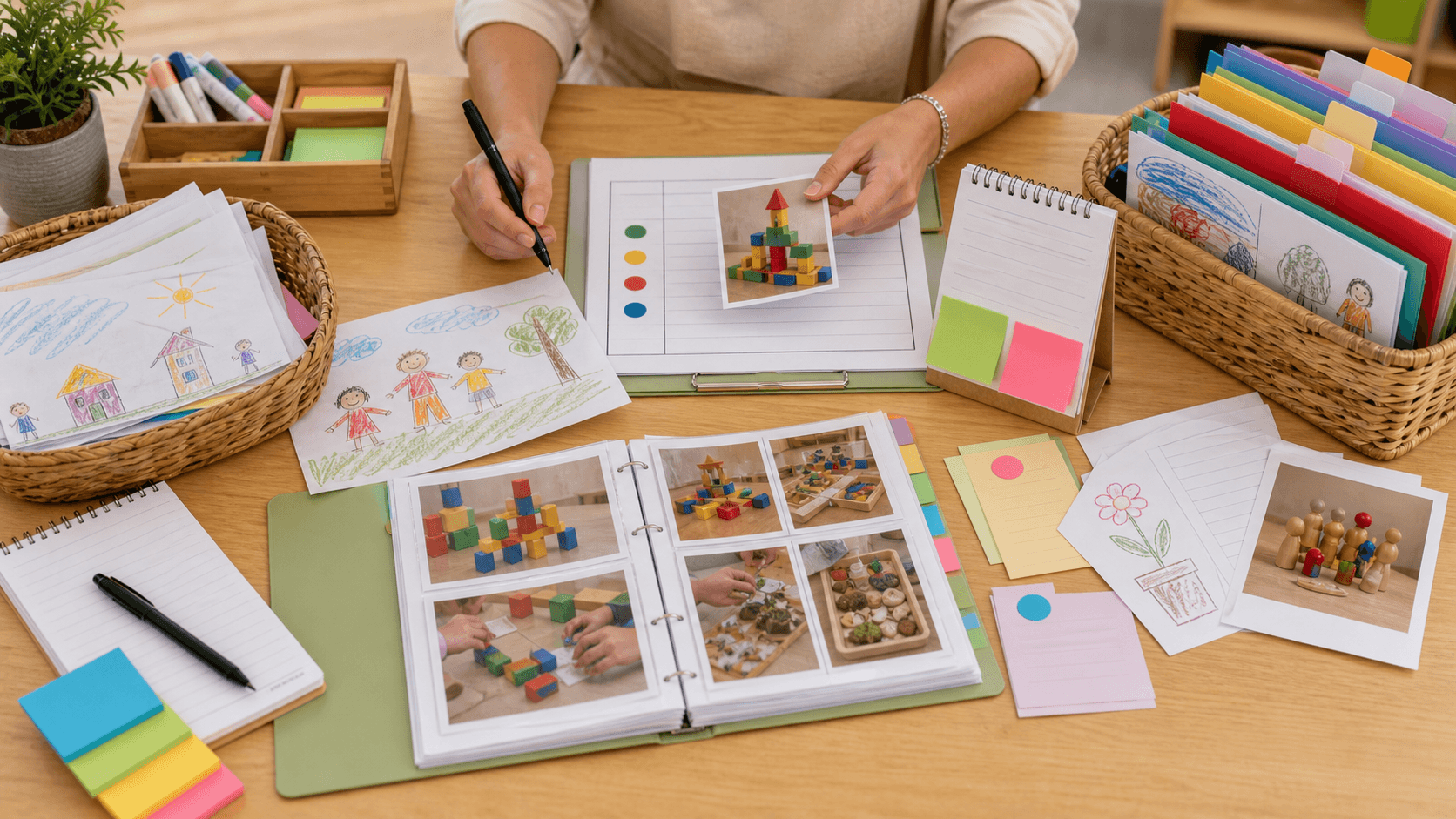 Registros docentes con dibujos fotos y notas para evaluar aprendizajes en Nivel Inicial