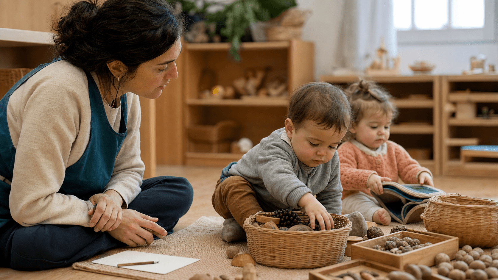 Educadora observando la exploración de niños pequeños en Jardín Maternal