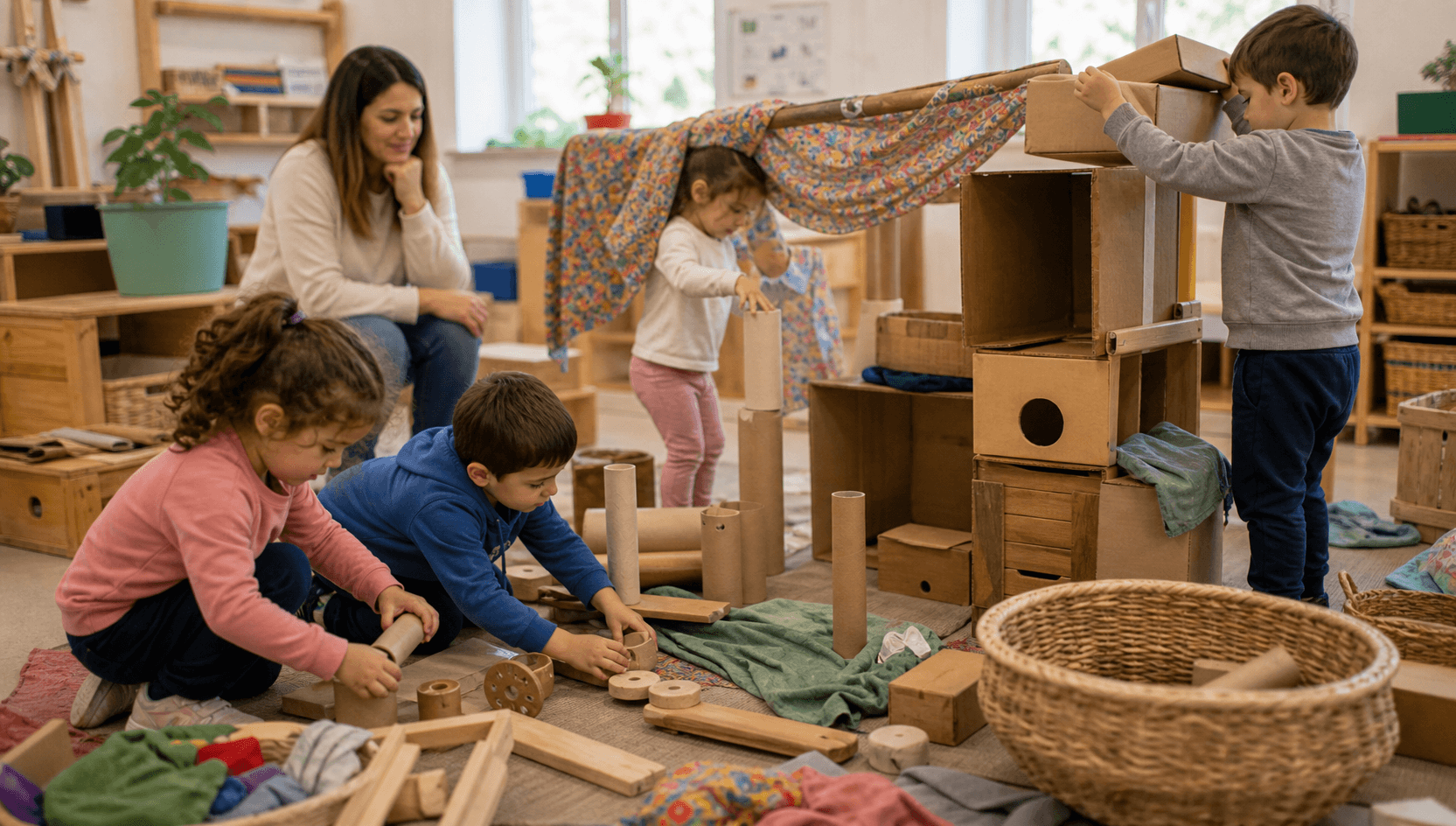 Niños y niñas construyendo con cajas, telas y elementos abiertos en una sala de Nivel Inicial