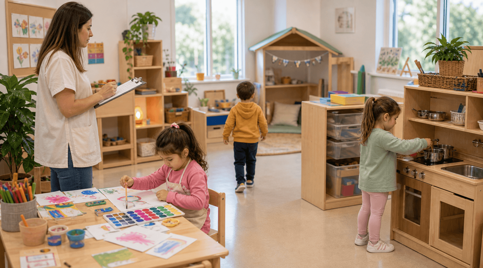 Docente con cuaderno observando el juego libre de niños y niñas por sectores
