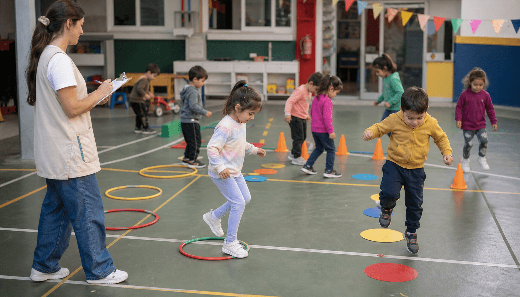 Niños y niñas jugando en sectores de dramatización y movimiento en la sala