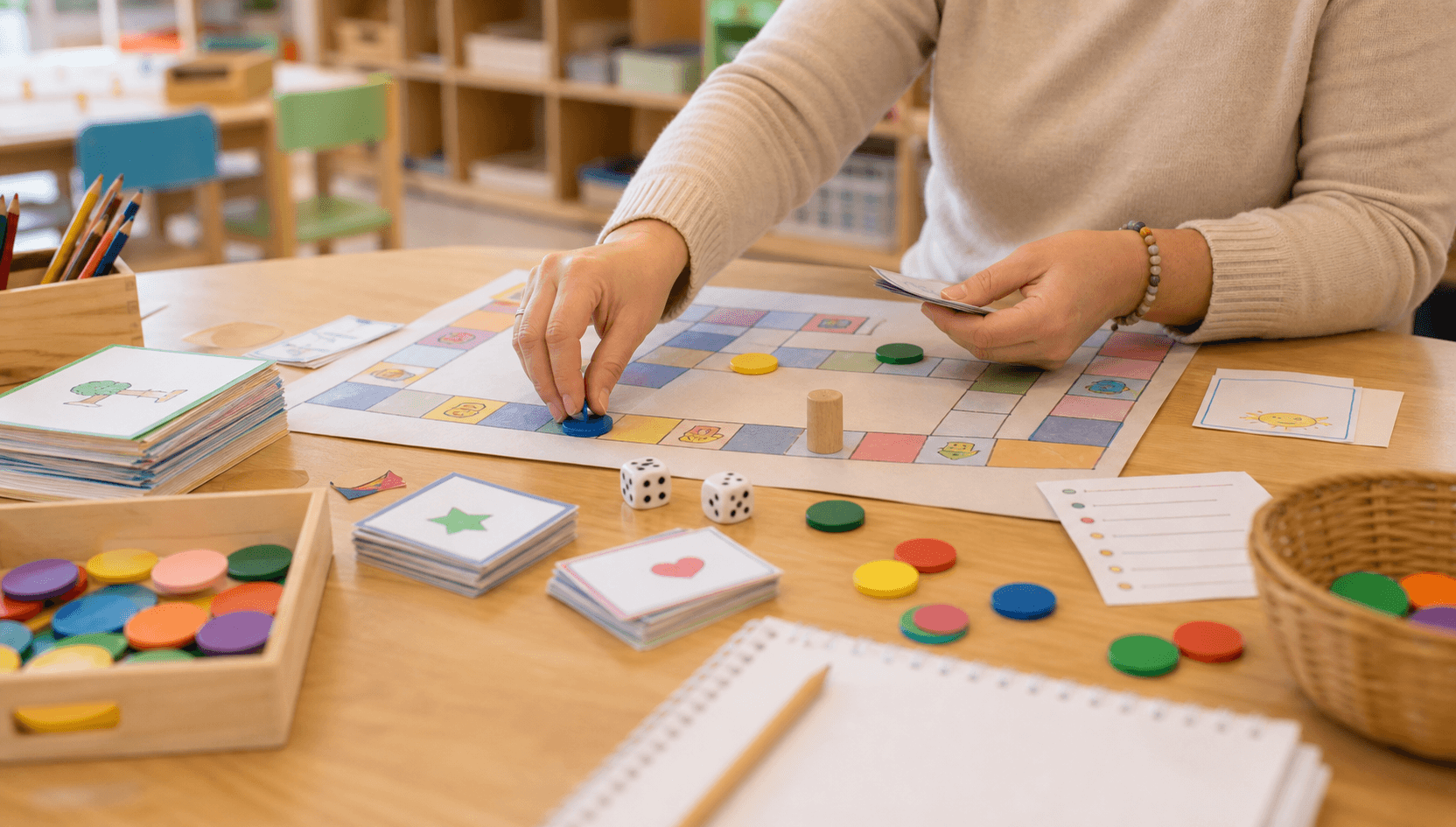 Mesa con tablero casero fichas dados y tarjetas para planificar un juego en Nivel Inicial