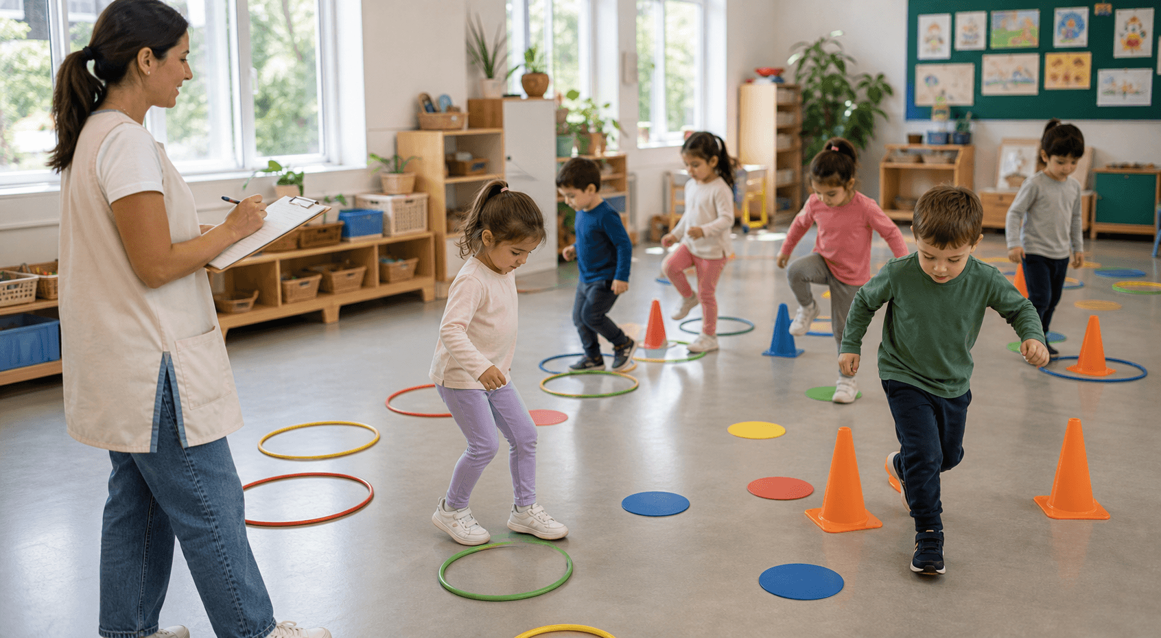 Niños y niñas siguiendo un juego de movimiento con aros conos y marcas en el piso