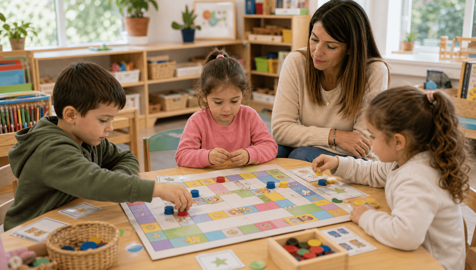 Niños y niñas jugando un tablero con dados y fichas en Nivel Inicial