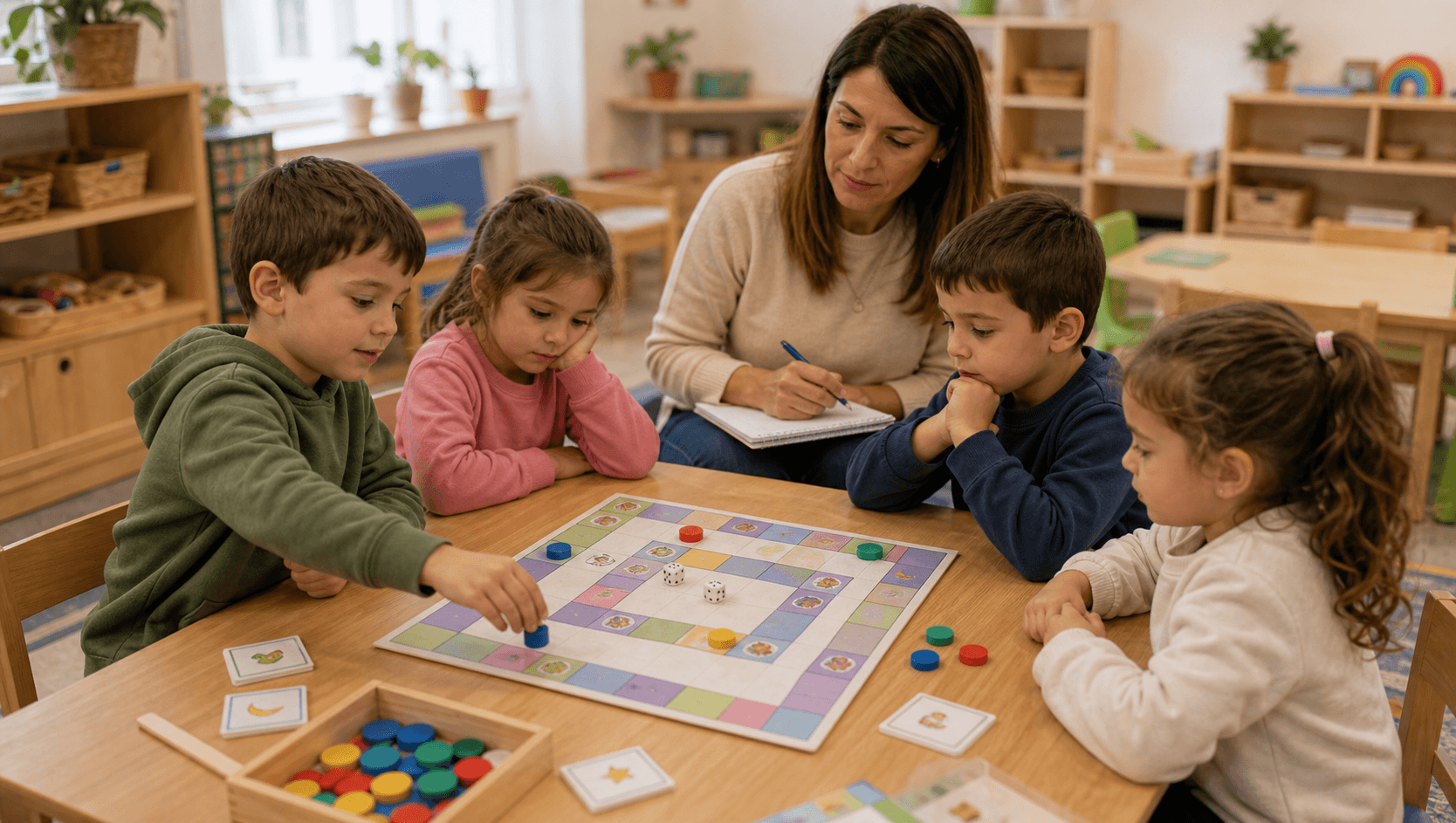 Niños y niñas respetando turnos en un juego reglado con tablero
