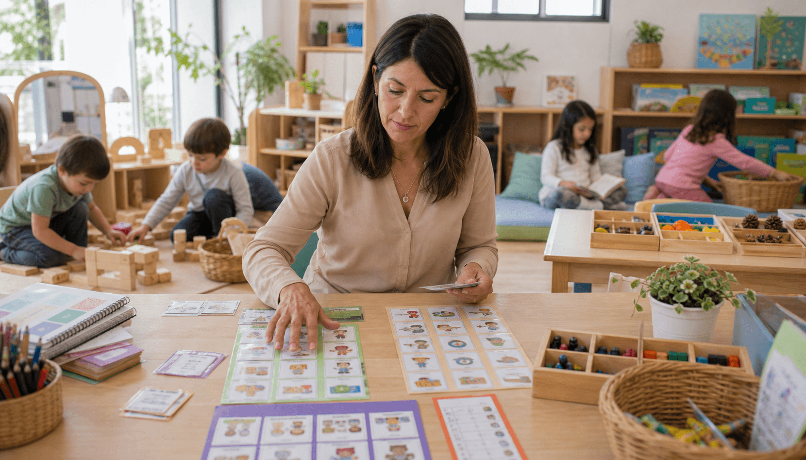Docente registrando observaciones mientras distintos grupos trabajan en una multitarea en Nivel Inicial