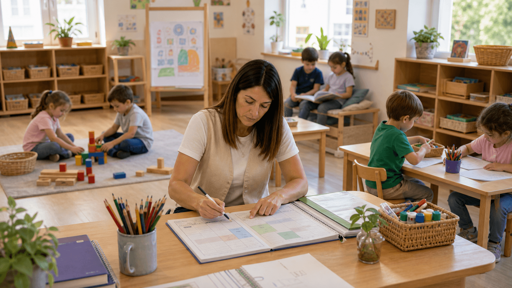 Docente organizando una multitarea en Nivel Inicial con grupos pequeños y sectores simultáneos