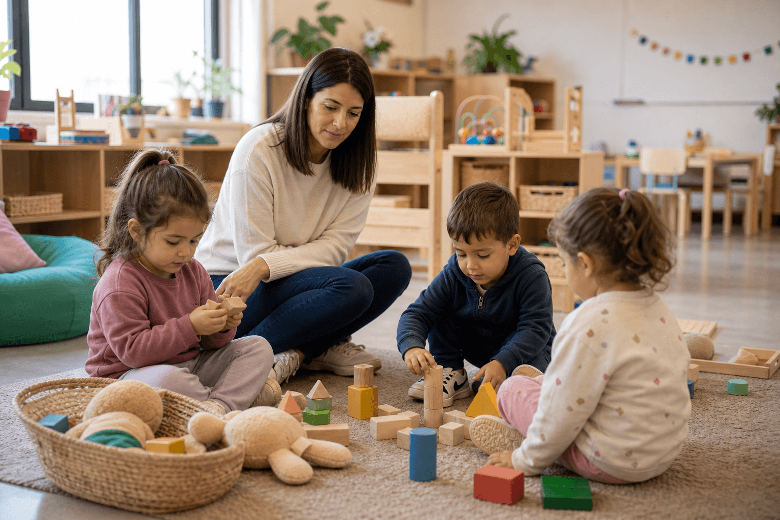Grupo pequeño de niños y niñas explorando bloques y materiales simples en la sala de 3 con la docente cerca