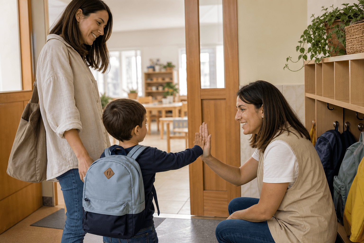 Niño llegando con su familia a la sala de 3 mientras la docente lo recibe en la puerta