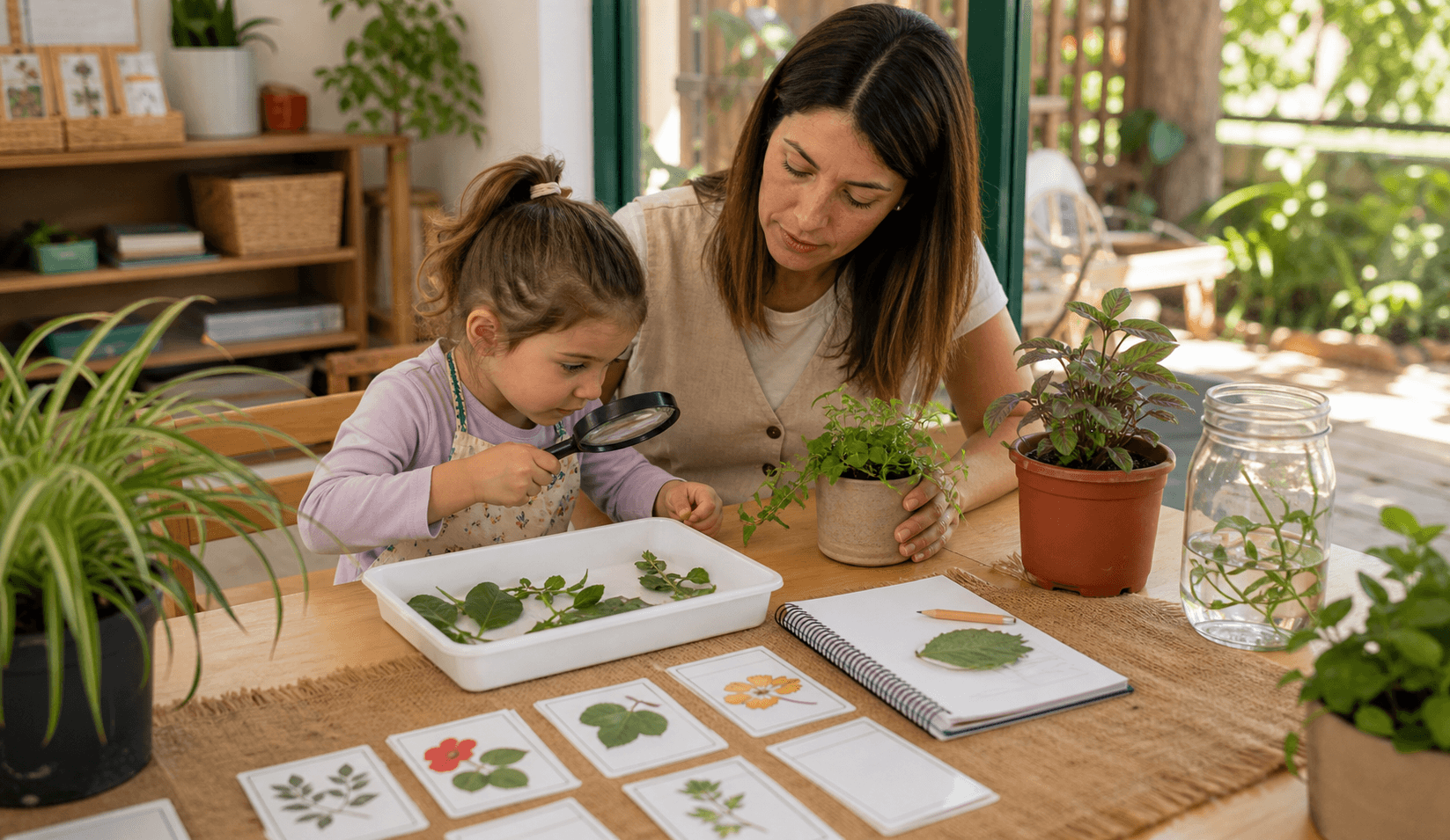 Niña y docente observando plantas con lupa y tarjetas de clasificación en una propuesta de Nivel Inicial