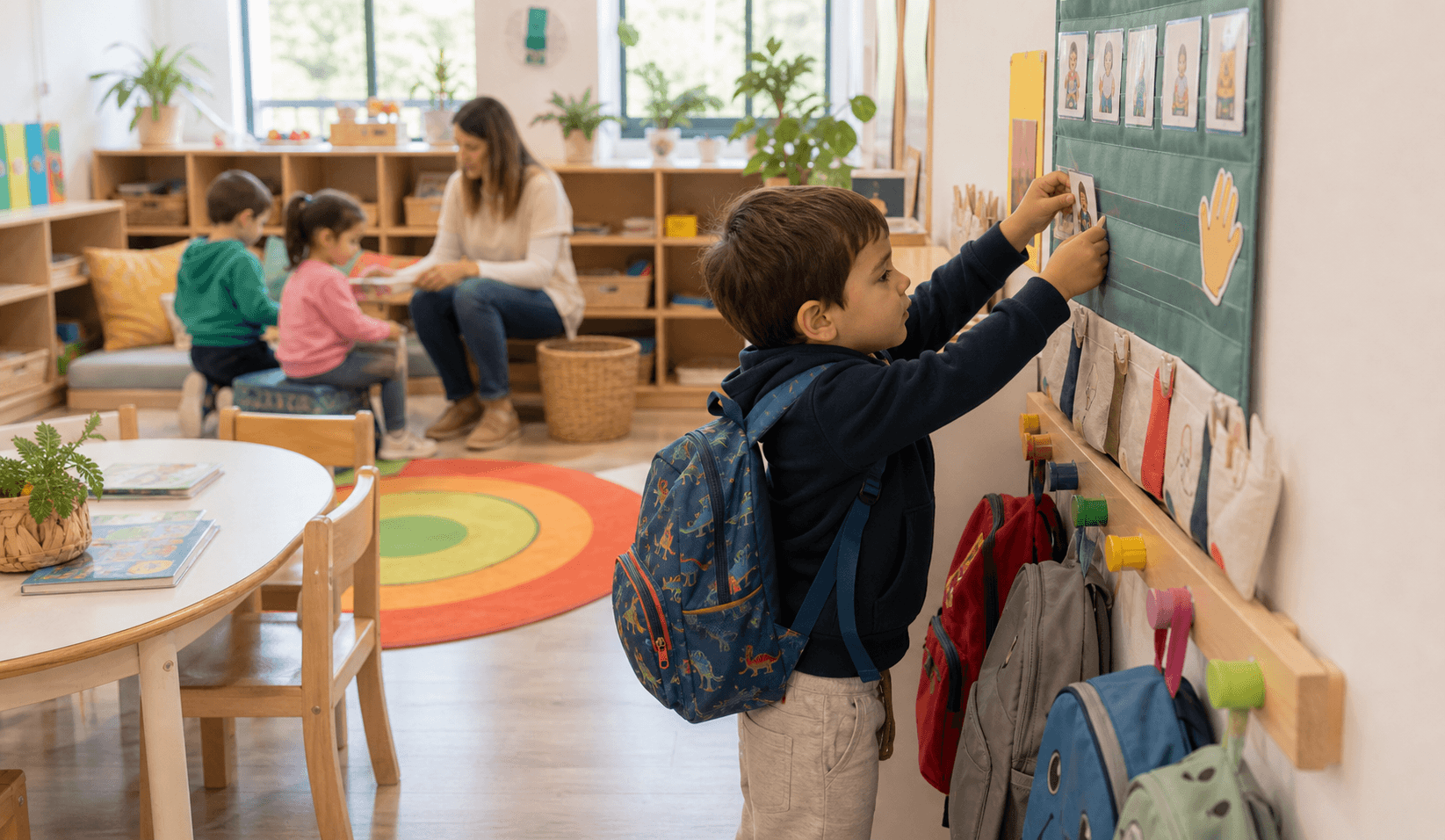 Niño organizando su llegada a la sala de 3 con un panel visual de rutina y mochilas en Nivel Inicial