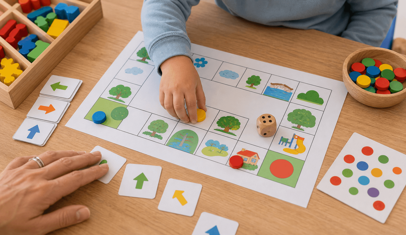 Tablero de recorrido matemático con fichas, dados y manos de niños en una propuesta de Nivel Inicial