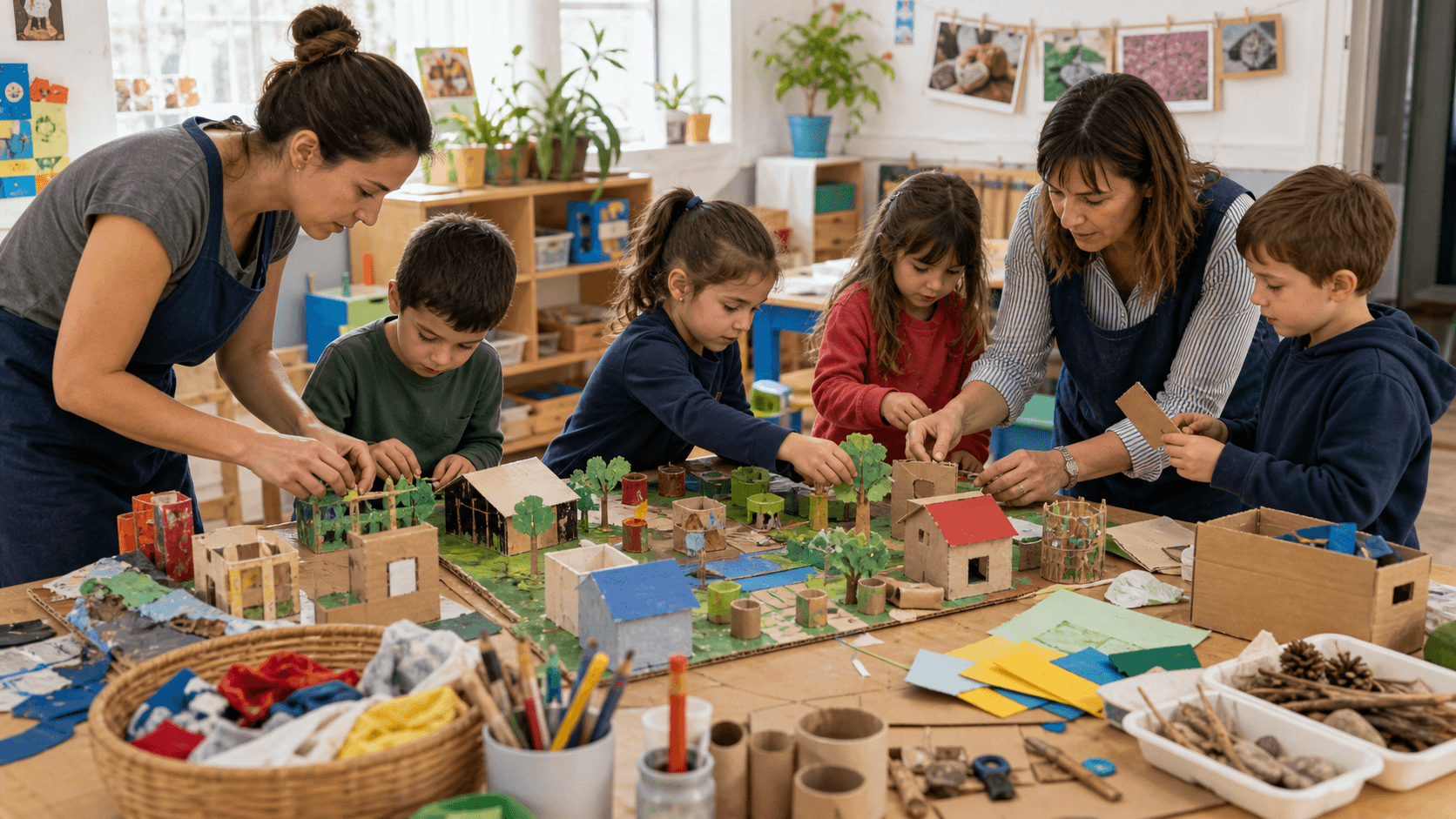 Niños y docentes construyendo una producción colectiva dentro de un proyecto didáctico