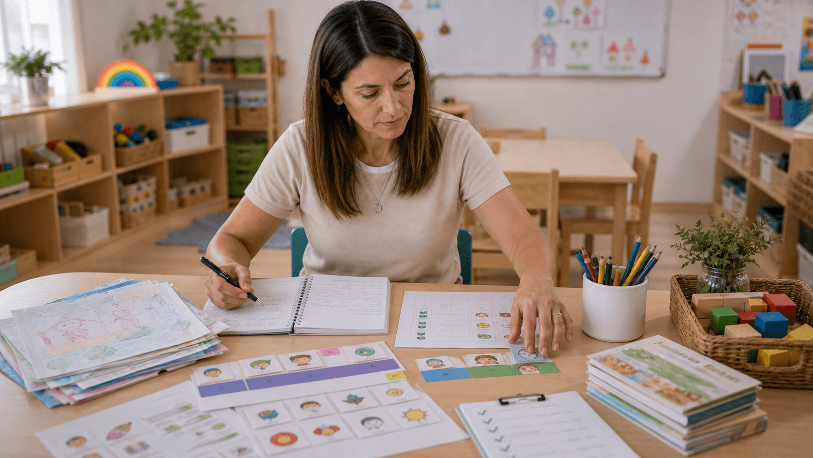 Docente revisando y ajustando la planificación anual en Nivel Inicial