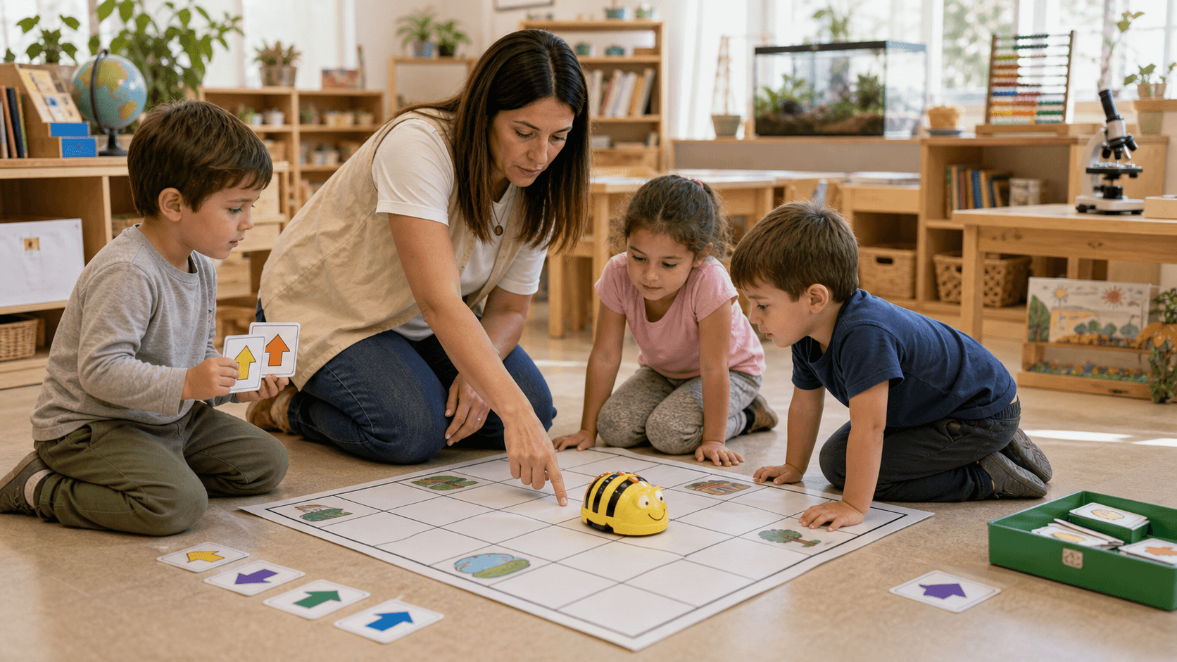 Niños y niñas programando un Bee-Bot en una grilla con guía docente