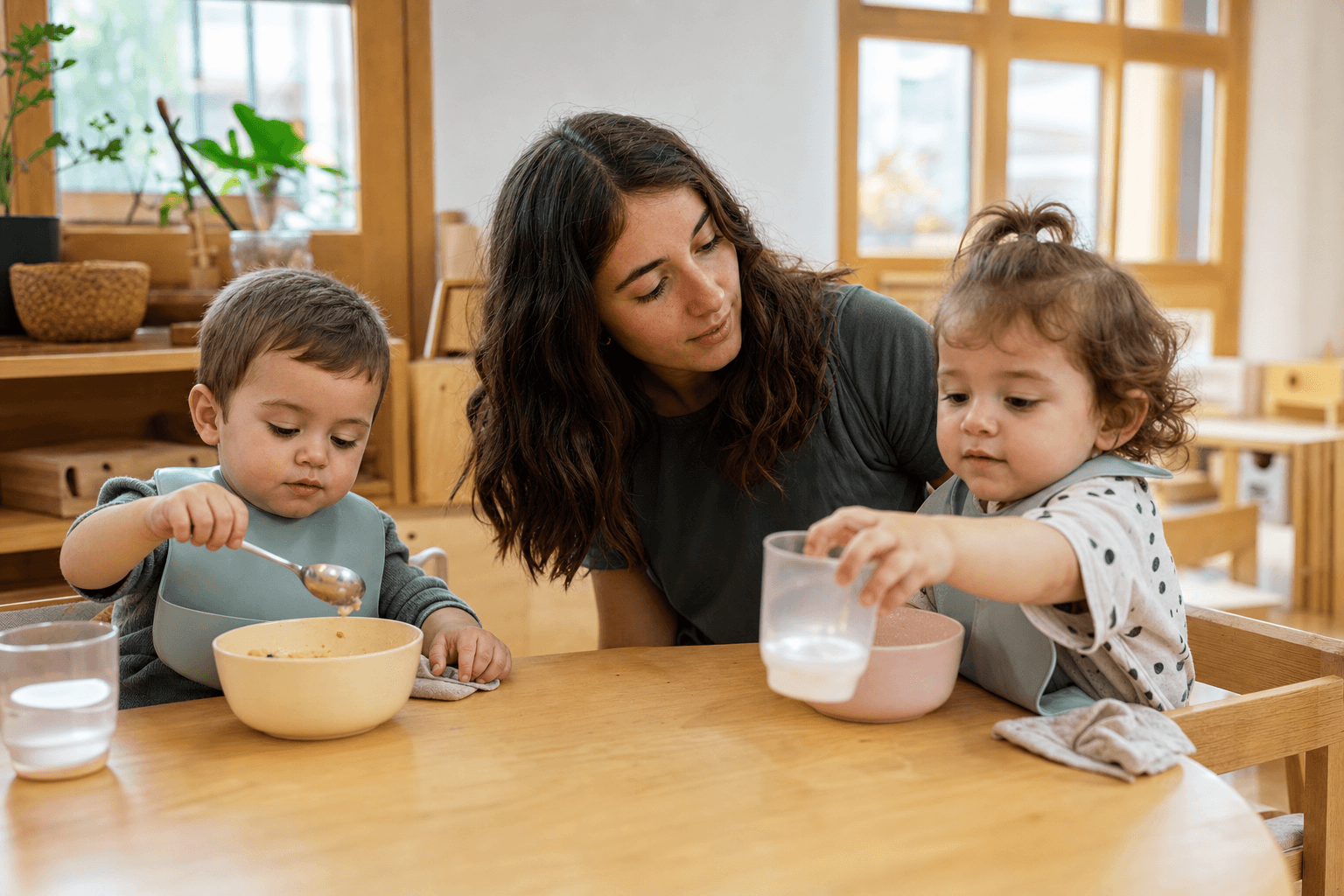 Educadora observando la autonomía durante una rutina de alimentación en Jardín Maternal