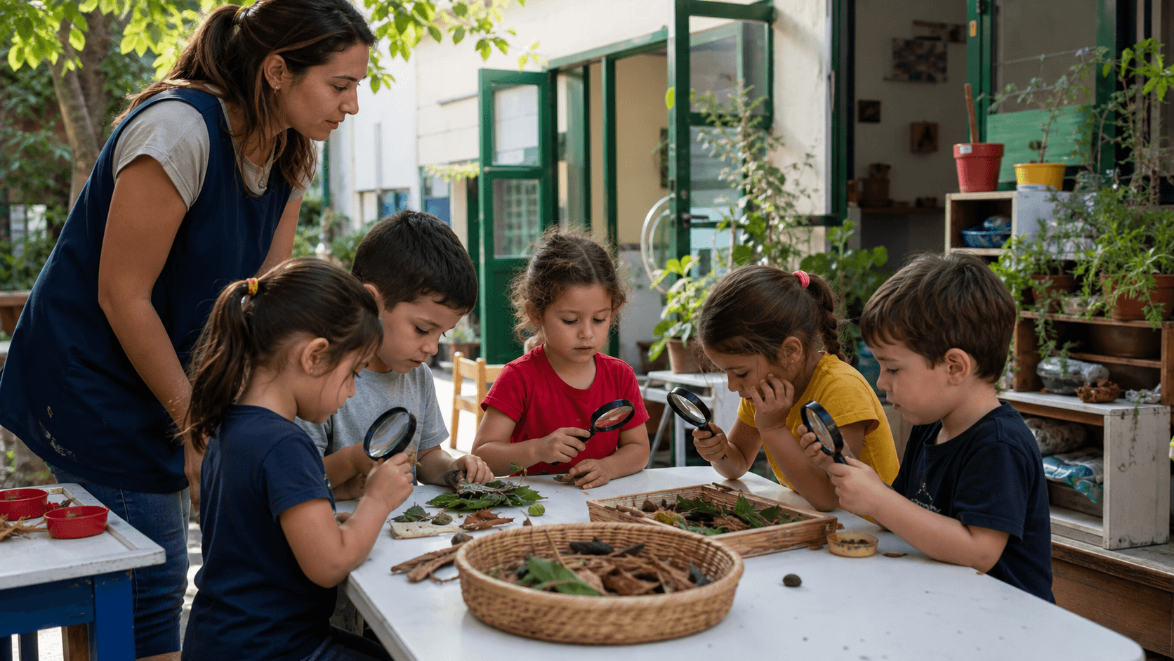 Niños y niñas explorando materiales naturales dentro de una secuencia didáctica