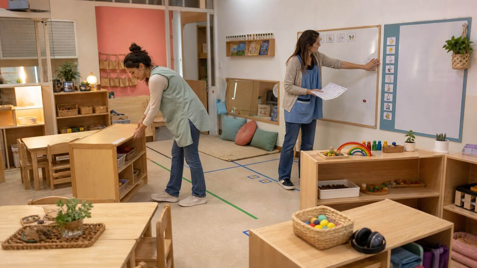 Docentes revisando barreras de accesibilidad en una sala de Nivel Inicial