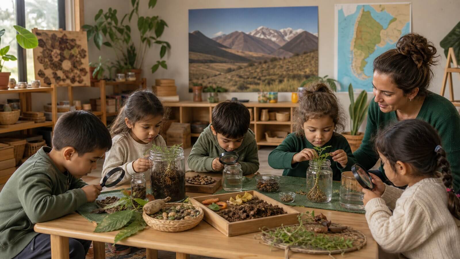 Niños investigan suelo semillas raíces y agua