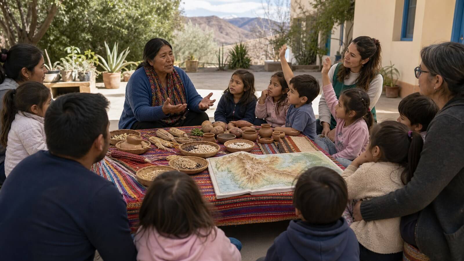 Referente comunitaria andina conversa con niños y familias